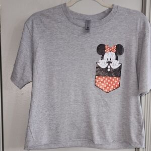 Next Level Apparel Gray Tee with Minnie Mouse and Red Accents Raw Hems